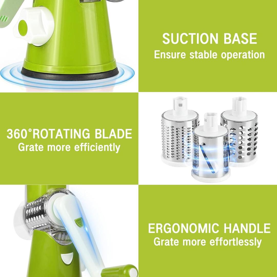 3-in-1 Manual Rotary Vegetable Cutter & Cheese Grater – Kitchen Slicer, Shredder & Grater